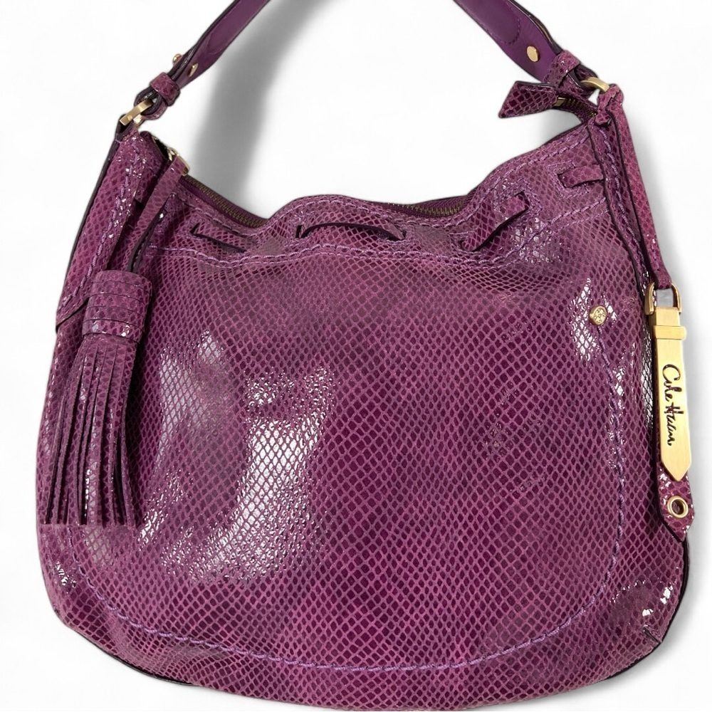 Cole Haan Purple Hobo Bag with Snakeskin Texture & Decorative Tassel Marebelle
